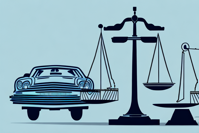 A balanced scale in the foreground with a car crash scene on one side and a courthouse on the other side