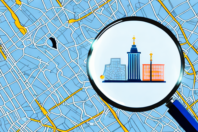 A magnifying glass hovering over a city map with different car symbols and a symbol of a balance scale