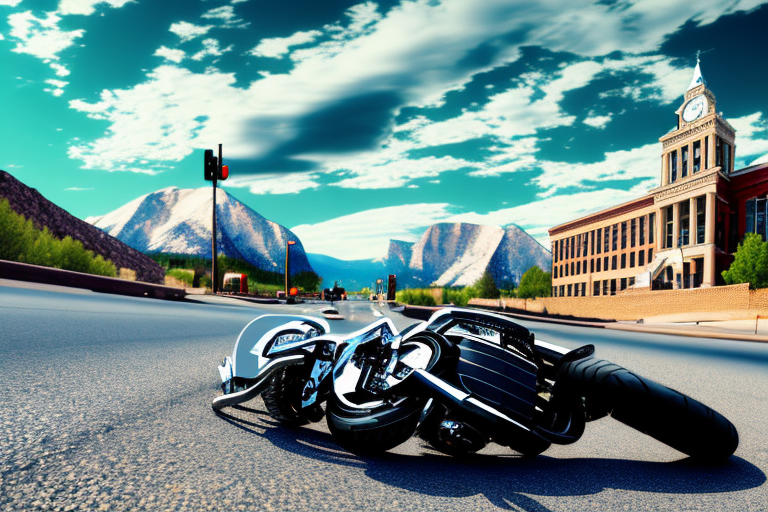 A motorcycle lying on its side on a road in colorado springs
