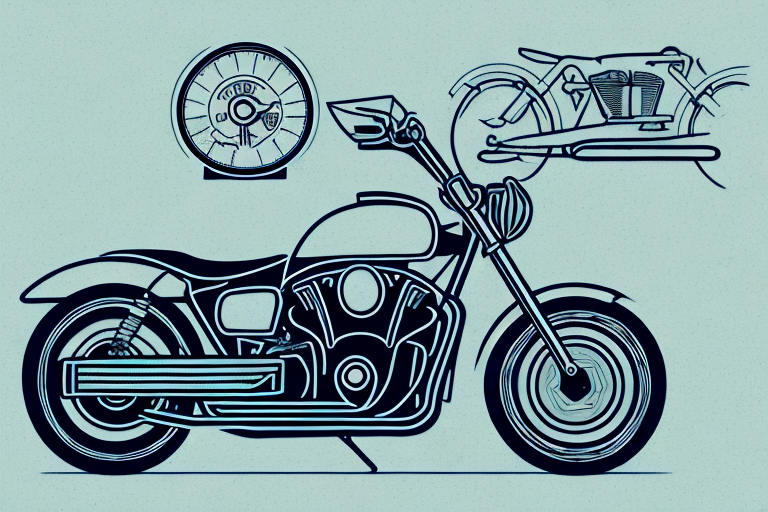 A motorcycle parked on a queens street with a gavel and legal scales subtly incorporated into the background