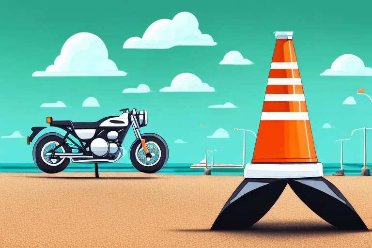 A motorcycle near a traffic cone on a beach setting