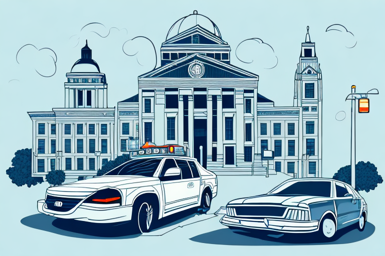 A car accident scene with a courthouse in the background