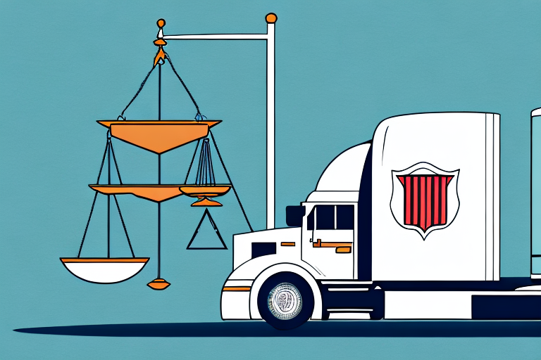 A semi-truck on a road with scales of justice in the background