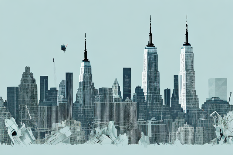 A construction crane in new york city skyline with a broken part