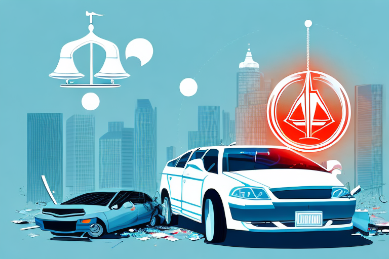 A car accident scene in a cityscape with a justice scale symbol floating above it