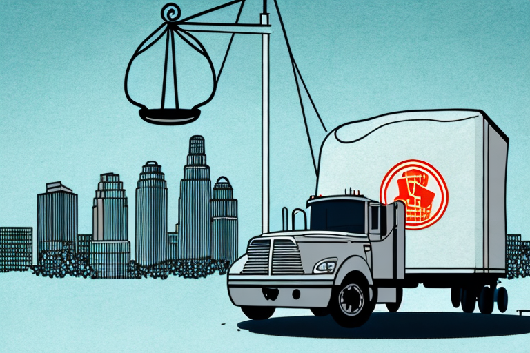 A truck on a pasadena cityscape background with a balance scale symbolizing justice on the foreground