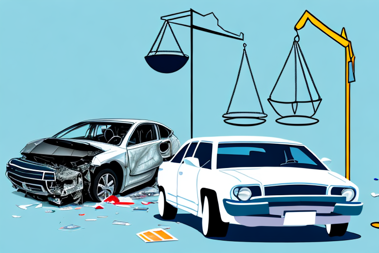 A car accident scene in portsmouth with visible legal scales balancing in the background