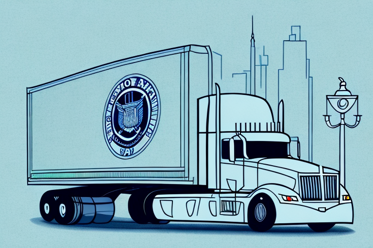 A semi-truck on a rhode island highway with scales of justice in the background