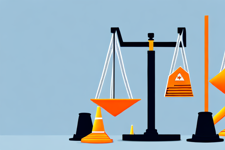 A construction site in new york with a balance scale symbolizing justice and compensation