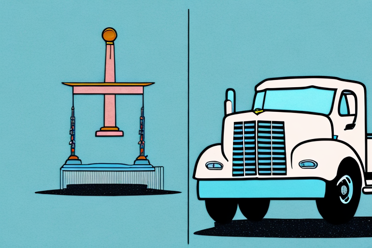 A truck on a springfield road with a symbolic justice scale in the background